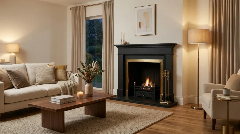 Black Fireplace With Brass