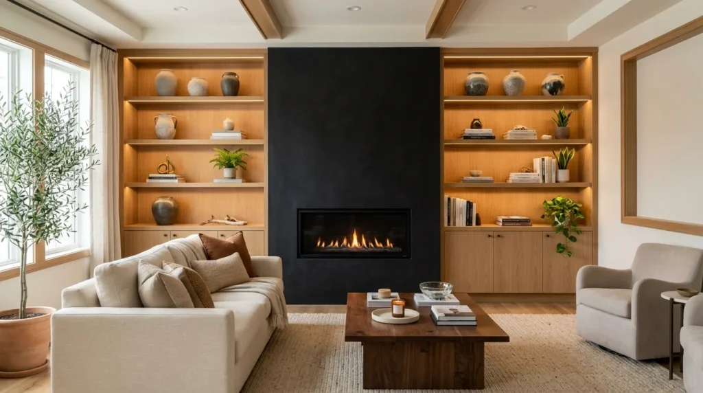 Black Fireplace With Built-In Shelves