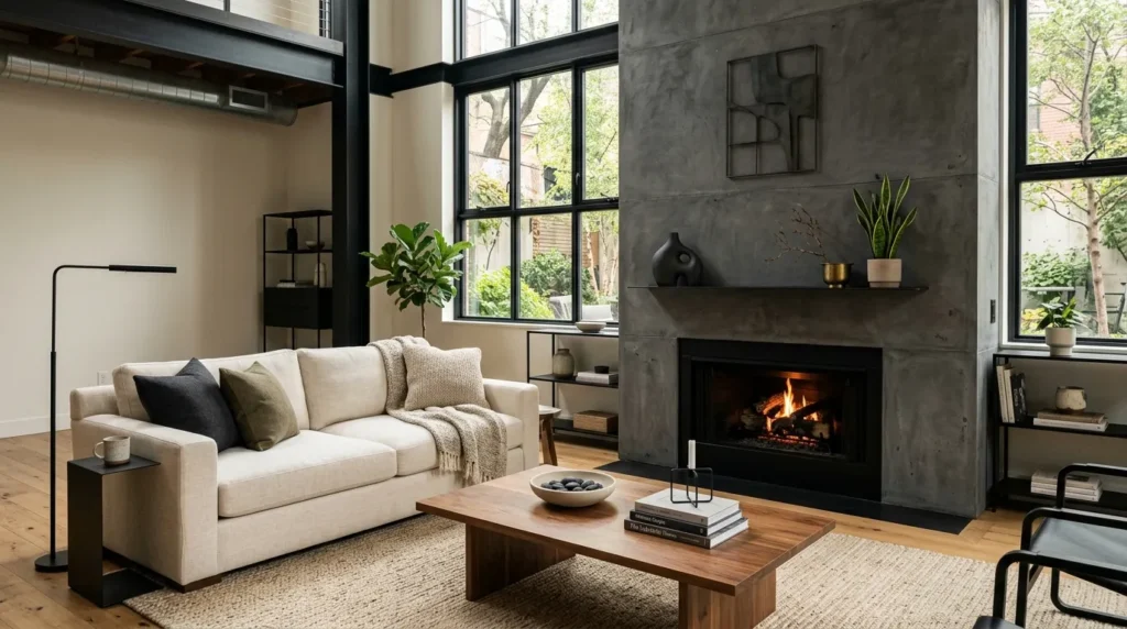 Black Fireplace With Concrete