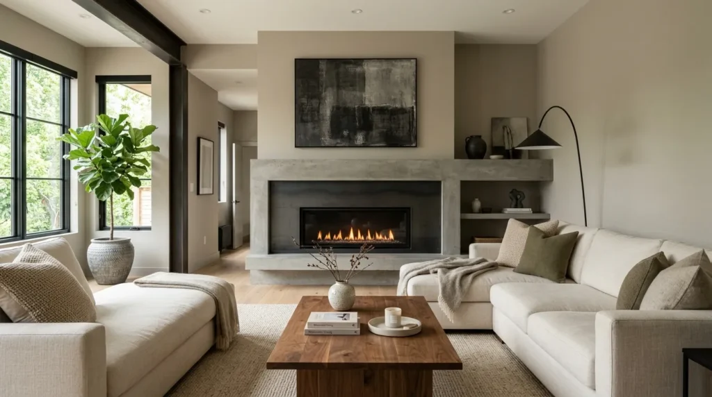 Black Fireplace With Concrete Mantel