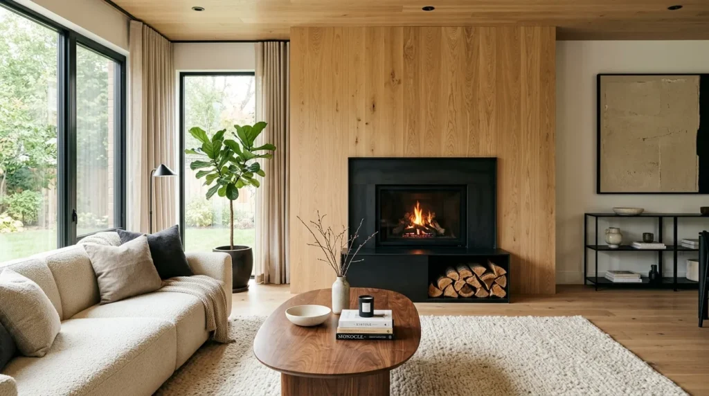 Black Fireplace With Oak