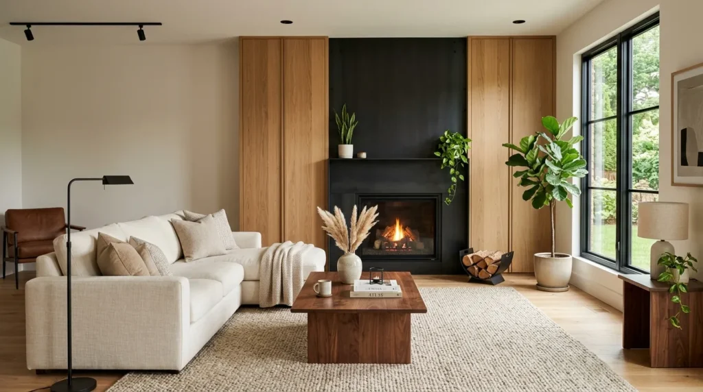 Black Fireplace With Wood