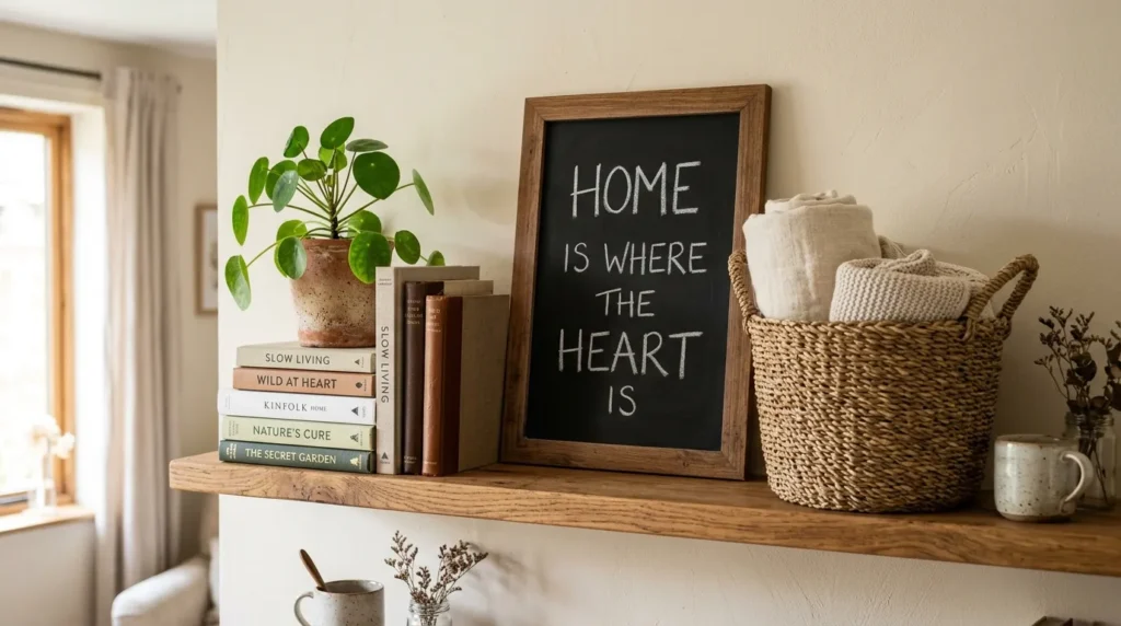 Layered Shelf Styling with Chalkboard Accent