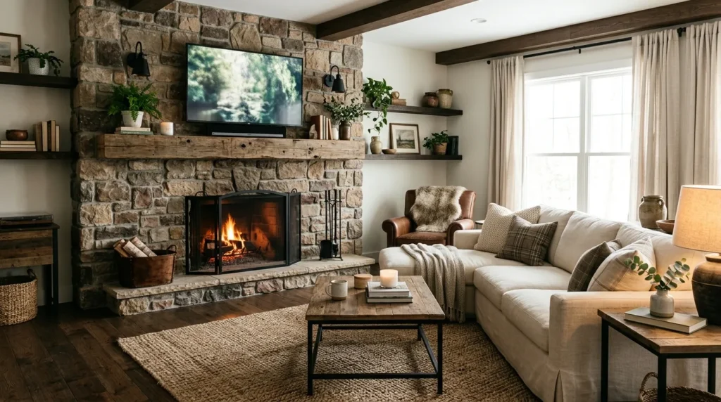 Rustic Fireplace With TV