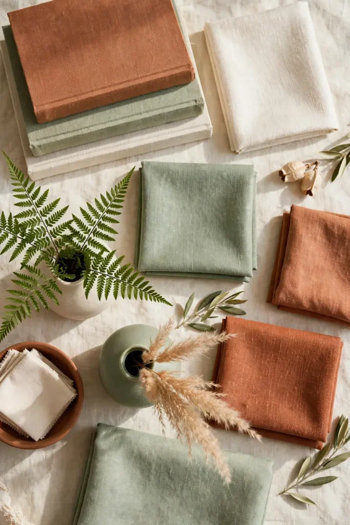 Home decor fabric and colour ideas in sage green, cream and terracotta