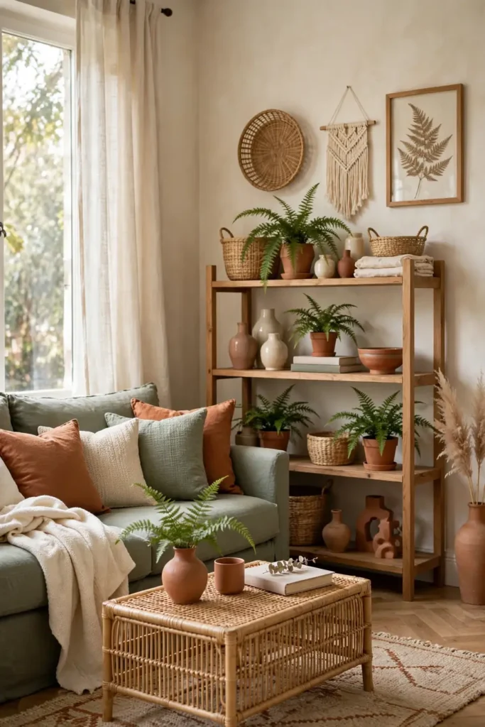Cozy living room decor ideas with sage sofa and terracotta cushions
