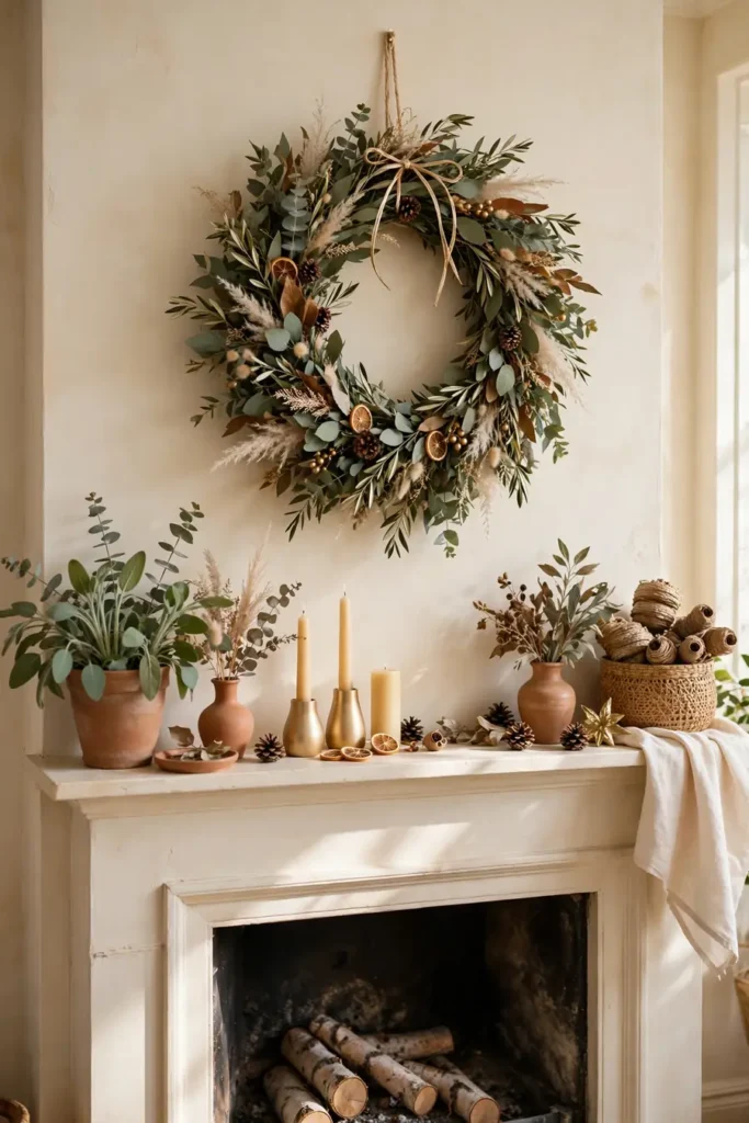 Seasonal home decor with a greenery wreath above a fireplace mantel