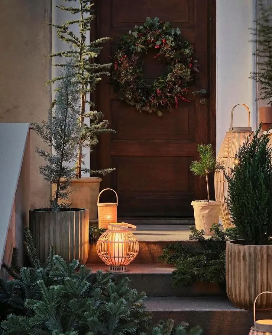 2. Fresh Evergreen Wreath on the Front Door