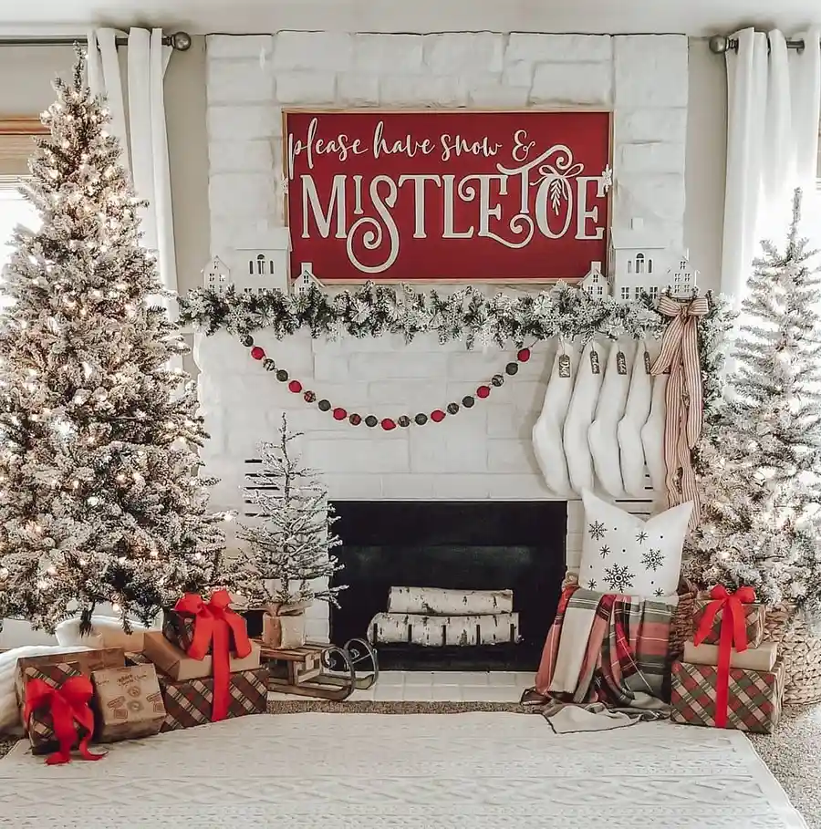 3. Mantel Garland with Red Velvet Stockings