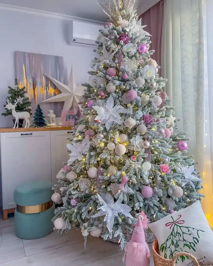 Plaid Ornaments and Warm White Lights