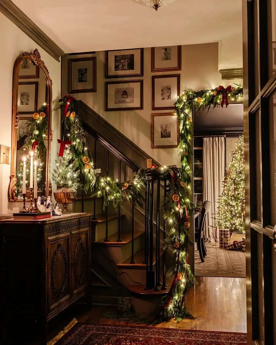 4. Staircase Garland Tied with Plaid Bows
