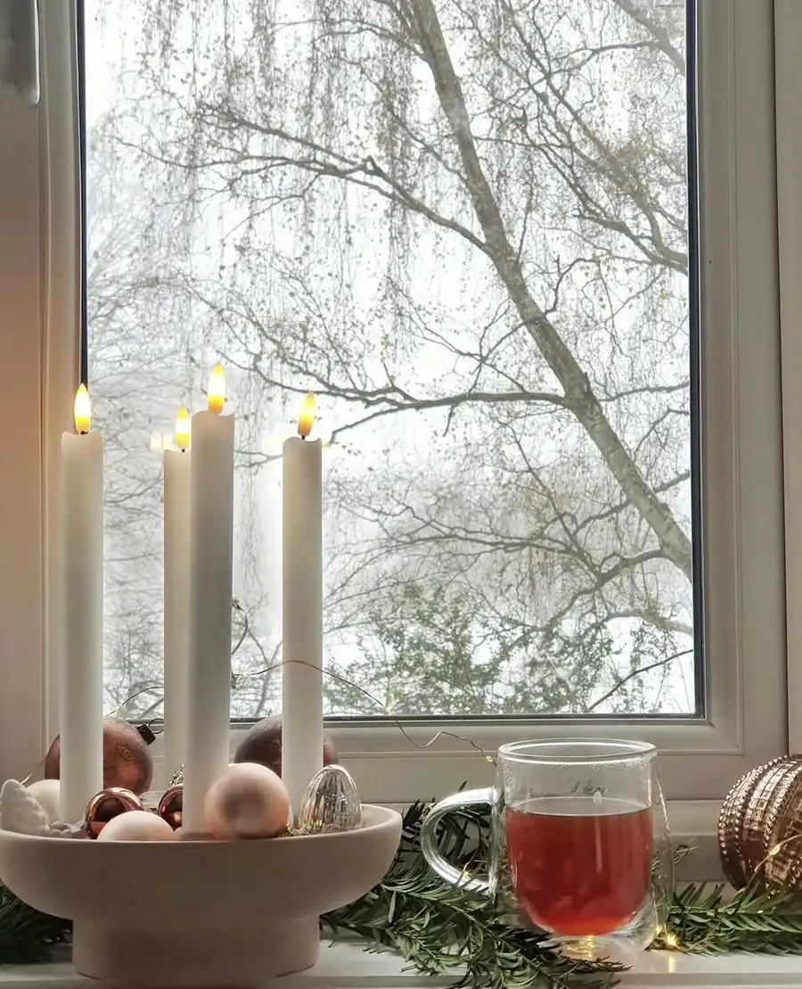 6. Window Candles with Mini Evergreen Rings